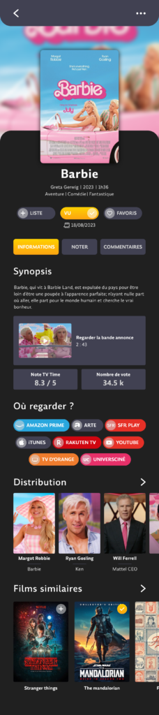 Projet TV Time - Présentation de l'écran film/informations - graphiste, freelance, digital nomad, communication, identité de marque