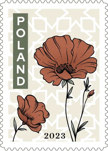 Timbre illustré réalisé par Lola Marié - Voyage en Pologne - 2023 - graphiste, freelance, digital nomad, communication, identité de marque