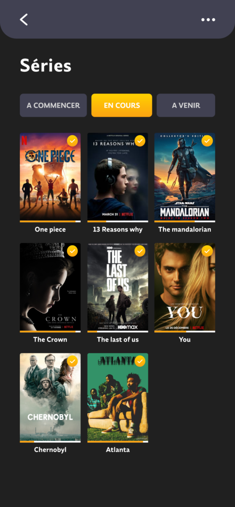 Projet TV Time - Présentation de l'écran séries/en cours - graphiste, freelance, digital nomad, communication, identité de marque