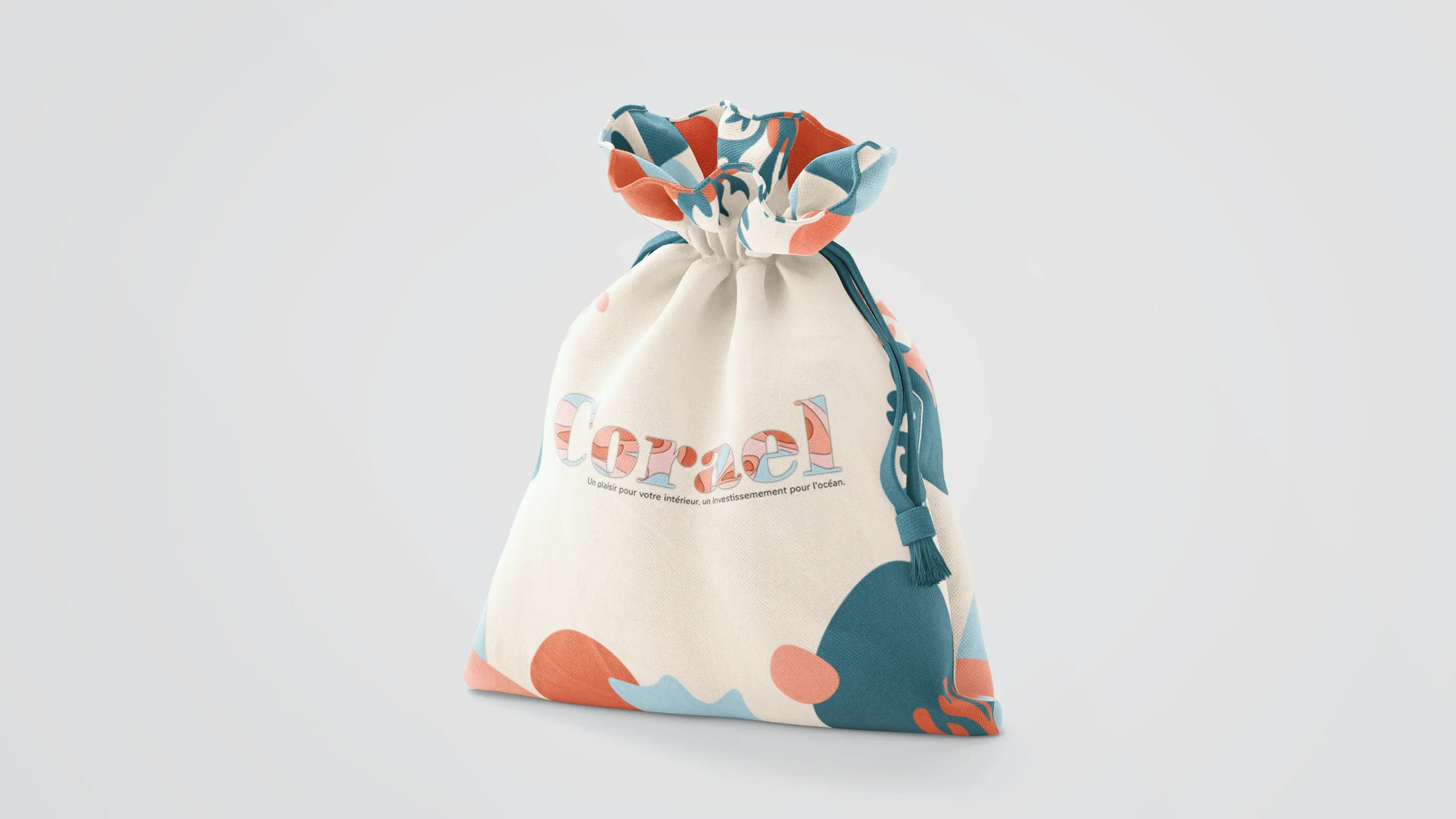 Projet Corael - Pochon en coton - graphiste, freelance, digital nomad, communication, identité de marque